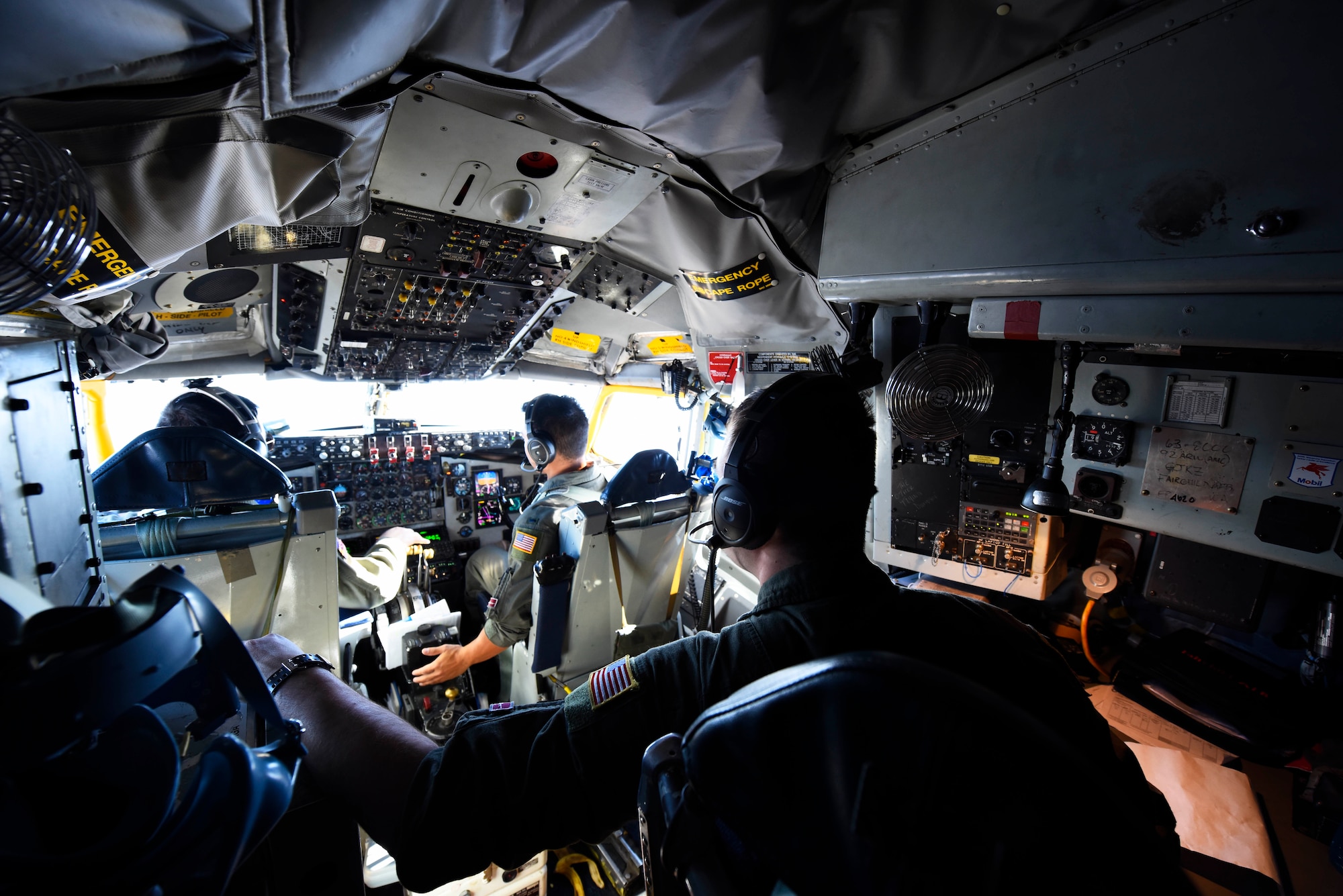 An aircrew from the 384th Air Refueling Squadron flies a KC-135 Stratotanker during Exercise Global Thunder 2019 over the U.S. Northwestern Region, Novermber 2018. Global Thunder is a U.S. Strategic Command exercise designed to ensure an efficient mission response by testing Airmen's ability to execute command, control and operational procedures during simulated combat scenarios. (U.S. Air Force photo/Airman 1st Class Lawrence Sena)