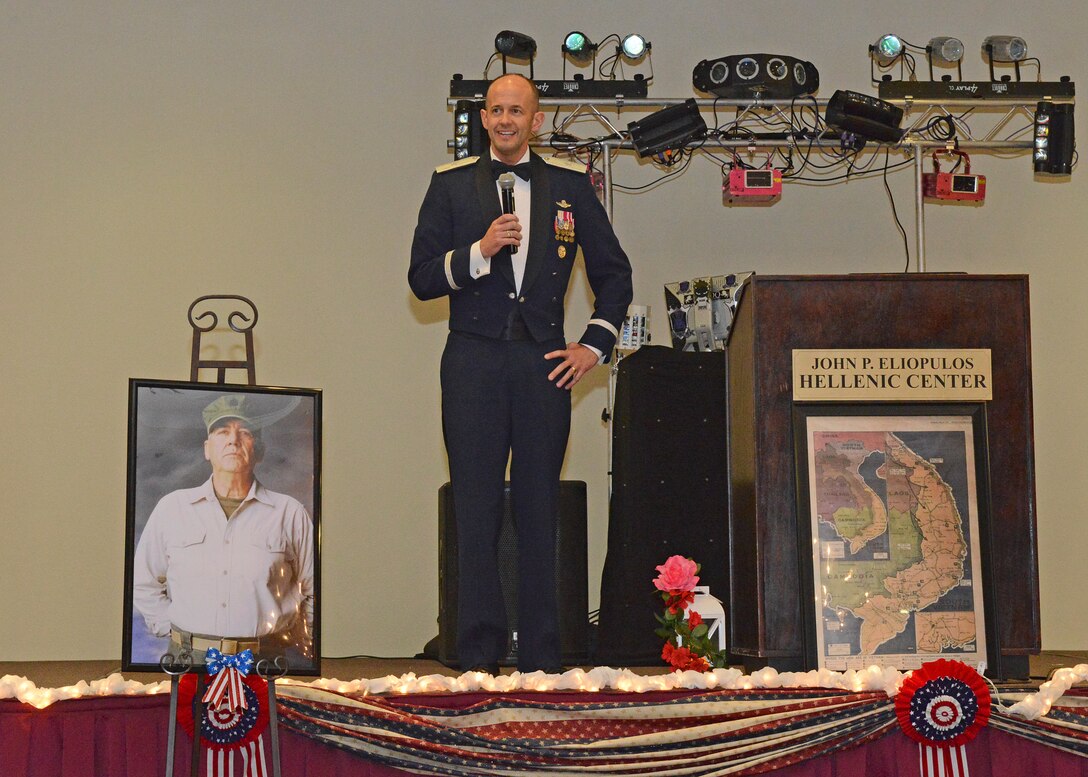 Brig. Gen. E. John Teichert, 412th Test Wing commander, gives the keynote address at the Coffee4Vets Veterans Military Ball at the John P. Eliopulos Hellenic Center in Lancaster, California, Nov. 3. (U.S. Air Force photo by Kenji Thuloweit)