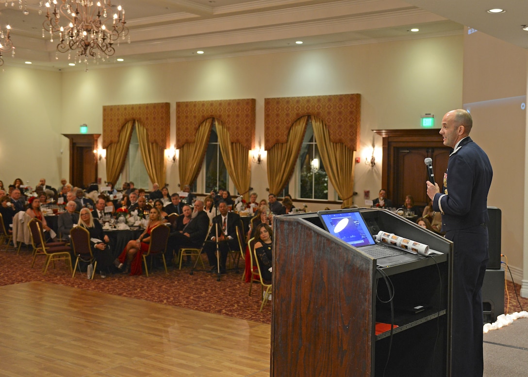 Brig. Gen. E. John Teichert, 412th Test Wing commander, gives the keynote address at the Coffee4Vets Veterans Military Ball at the John P. Eliopulos Hellenic Center in Lancaster, California, Nov. 3. (U.S. Air Force photo by Kenji Thuloweit)