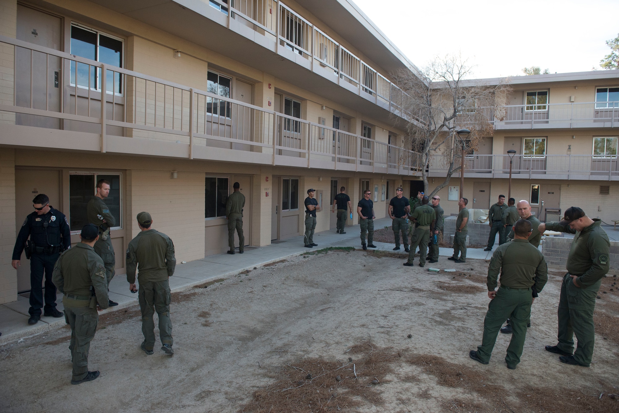 The North Las Vegas Swat team visits vacant dorms on Nellis Air Force Base, Nevada, Nov. 2, 2018. NLVS is looking to use the dorms as a place to train due to the lack of available buildings in Las Vegas. (U.S. Air Force photo by Airman 1st Class Bryan T. Guthrie)