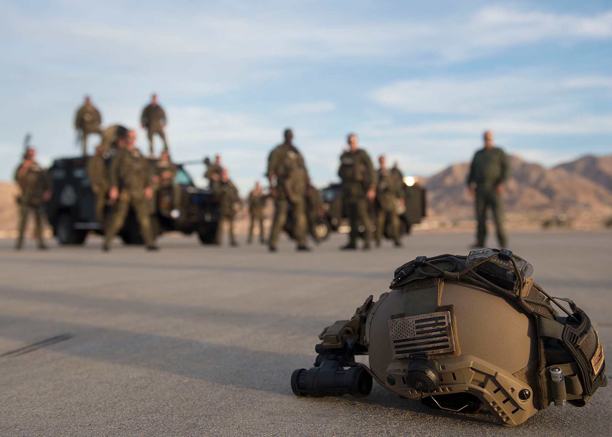 The North Las Vegas Swat team stands on the flightline at Nellis Air Force Base, Nevada, Nov. 2, 2018. This swat team was the unit that breached and cleared Stephen Paddock’s home after the October 1 shooting. (U.S. Air Force photo by Airman 1st Class Bryan T. Guthrie)