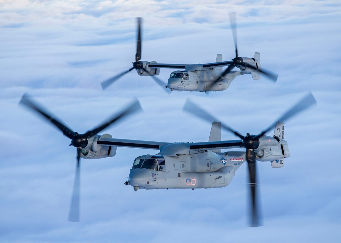 U.S. Marine Corps MV-22B Ospreys with Marine Medium Tiltrotor Squadron 365 conduct flight operations during Exercise Trident Juncture 18 near northern Norway, Nov. 6, 2018. The exercise enhances the U.S. and NATO Allies’ and partners’ abilities to work together collectively to conduct military operations under challenging conditions. The MV-22B Ospreys are with Marine Medium Tiltrotor Squadron 365, 2nd Marine Aircraft Wing.