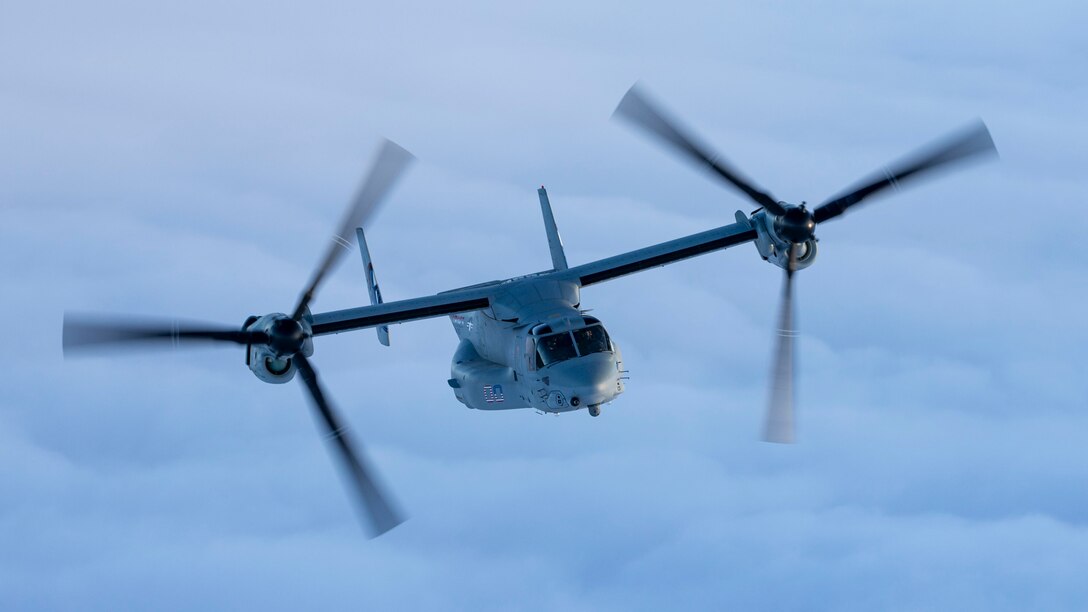 A U.S. Marine Corps MV-22B Osprey with Marine Medium Tiltrotor Squadron 365 conducts flight operations during Exercise Trident Juncture 18 near northern Norway, Nov. 6, 2018. The exercise enhances the U.S. and NATO Allies’ and partners’ abilities to work together collectively to conduct military operations under challenging conditions. The MV-22B Osprey is with Marine Medium Tiltrotor Squadron 365, 2nd Marine Aircraft Wing.