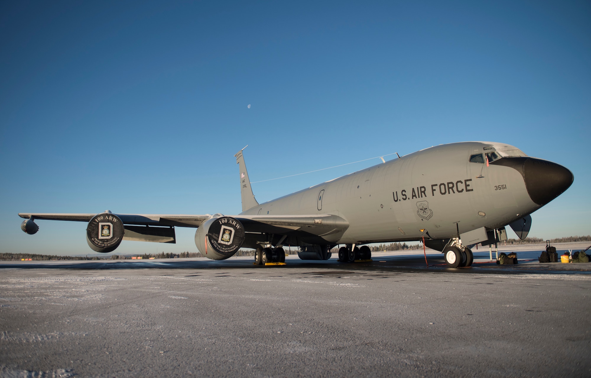 A U.S. Air Force KC-135 Stratotanker parked on the flightline during Exercise Trident Juncture 18, at Rovaniemi, Finland, Oct. 29, 2018. The exercise takes place in Norway and the surrounding areas of the North Atlantic and the Baltic Sea, including Iceland and the airspace of Finland and Sweden. With more than 50,000 participants, this is the largest NATO exercise since 2002. (U.S. Air Force photo by Senior Airman Luke Milano)
