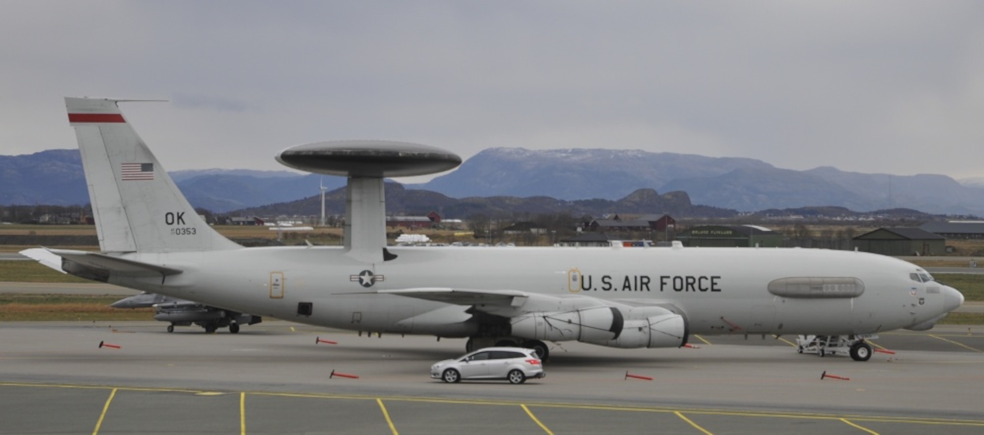 A U.S. Air Force E-3 Sentry Airborne Warning and Control System aircraft assigned to 552nd Air Control Wing, from Tinker Air Force Base, Oklahoma parked at Orland Air Station, Norway, Oct. 31, 2018. The 552nd ACW is participating in Exercise Trident Juncture 2018, a NATO exercise, which aims to demonstrate and develop the extensive military capabilities that keep allied nations safe in a changing security environment. The E-3 Sentry can transmit situational intelligence quickly and in a universal format to local commanders, whether they’re troops on the ground, pilots in the sky or ships at sea.