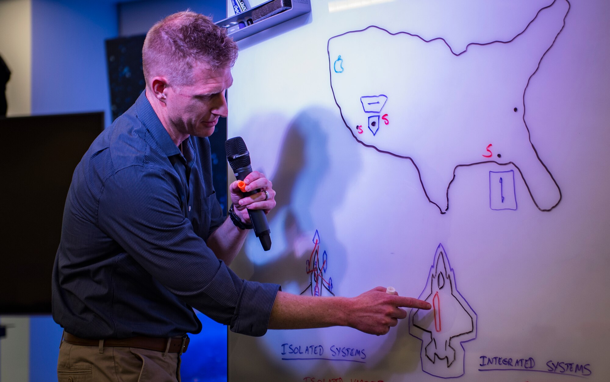 Lt. Col. Justin Elliott, 59th Test and Evaluation Squadron director of operations, practices his presentation, Oct. 29, 2018, at AFWERX-Vegas. Elliot’s idea was one of the two to advance to present at the Air Combat Command competition. (U.S. Air Force photo by Airman 1st Class Andrew D. Sarver)