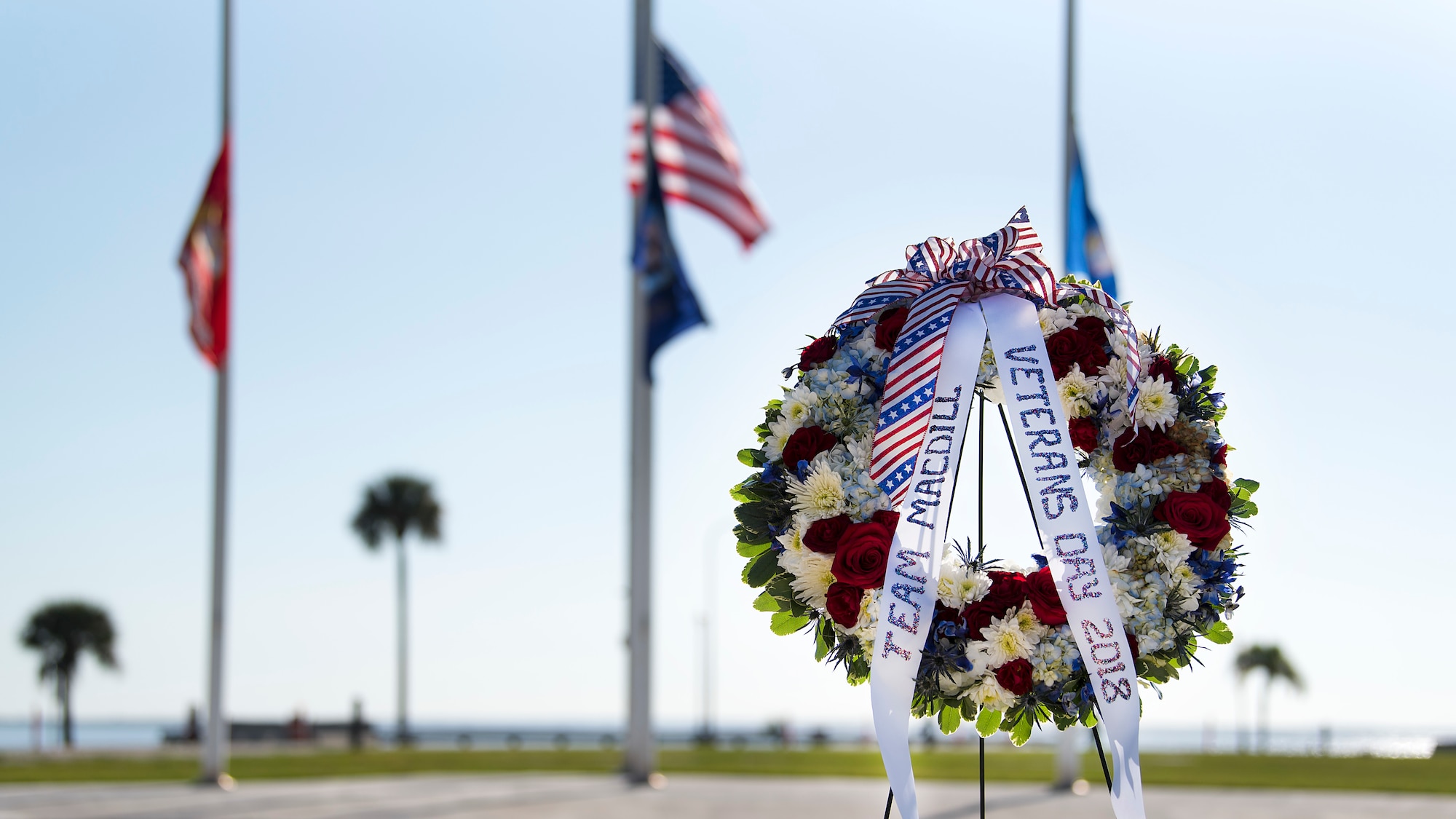 A ceremonial wreath is displayed during a joint-service Veterans Day ceremony held at MacDill Air Force Base, Fla., Nov. 8, 2018. Veterans Day is commemorated with ceremonial events such as parades, and wreath laying ceremonies to honor those who have served and continue to serve.