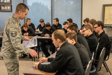 Tech Sgt. Nicholas M. Alexander, recruiter at the 179th Airlift Wing, talks to students from the Ashland West Holmes Career Center Nov. 1, 2018 at the 179th Airlift Wing, Mansfield, Ohio. Alexander has been a recruiter with the 179th AW for two years and is using innovation to bring awareness of the Guard to the local area.