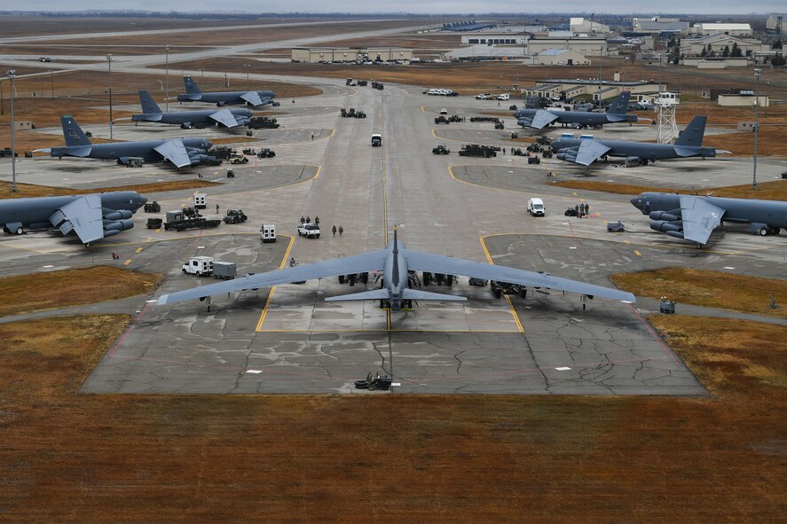 Airmen ready B-52H Stratofortresses during Global Thunder 19 at Minot Air Force Base, N.D., Nov. 2, 2018. Global Thunder is an exercise to test readiness and ensure a safe, secure, ready and reliable strategic deterrent force. The exercise provides training opportunities that assess all U.S. Strategic Command mission areas and joint and field training operational readiness, with a specific focus on nuclear readiness as well as providing unique training for assigned units and allies. (U.S. Air Force photo by Tech. Sgt. Jarad A. Denton)