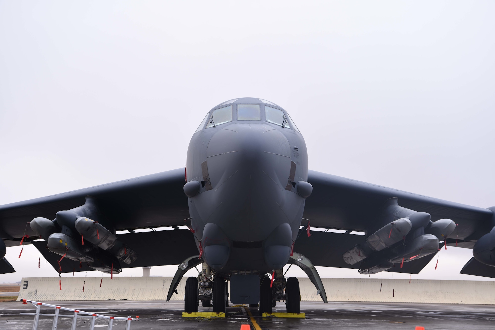 A B-52H Stratofortress sits ready on the flightline during Global Thunder 19 at Minot Air Force Base, N.D., Nov. 1, 2018. Global Thunder is a globally integrated exercise that provides training opportunities that assess all U.S. Strategic Command (USSTRATCOM) mission areas and joint and field training operational readiness, with a specific focus on nuclear readiness. USSTRATCOM has global responsibilities assigned through the Unified Command Plan that includes strategic deterrence, nuclear operations, space operations, joint electromagnetic spectrum operations, global strike, missile defense, and analysis and targeting. (U.S. Air Force photo by Airman 1st Class Dillon J. Audit)