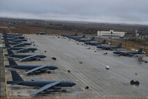 Rows of B-52H Stratofortresses sit ready on the flightline during Global Thunder 19 at Minot Air Force Base, N.D., Nov. 2, 2018. Global Thunder is a U.S. Strategic Command (USSTRATCOM) exercise designed to provide training opportunities to test and validate command, control and operational procedures. The training is based on a notional scenario developed to drive execution of USSTRATCOM and component forces'; ability to support the geographic combatant commands, deter adversaries and, if necessary, employ forces as directed by the President of the United States. (U.S. Air Force photo by Tech. Sgt. Jarad A. Denton)