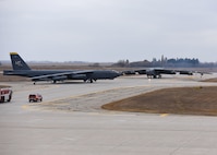Two B-52H Stratofortresses pass each other on the flightline during Global Thunder 19 at Minot Air Force Base, N.D., Nov. 4, 2018. U.S. Strategic Command headquarters staff, components, and subordinate units participate in Global Thunder to test readiness and ensure a safe, secure, ready and reliable strategic deterrent force. Large-scale exercises of this nature involve extensive planning and coordination and provide unique training for assigned units and allies so they are ready and prepared to execute orders globally wherever and whenever needed. (U.S. Air Force Photo by Airman 1st Class Dillon J. Audit)