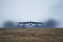 A B-52H Stratofortress takes off during Global Thunder 19 at Minot Air Force Base, N.D., Nov. 4, 2018. Global Thunder is a U.S. Strategic Command (USSTRATCOM) exercise designed to provide training opportunities to test and validate command, control and operational procedures. The training is based on a notional scenario developed to drive execution of USSTRATCOM and component forces'; ability to support the geographic combatant commands, deter adversaries and, if necessary, employ forces as directed by the President of the United States. (U.S. Air Force photo by Tech. Sgt. Jarad A. Denton)