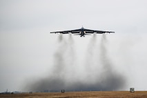 A B-52H Stratofortress takes off during Global Thunder 19 at Minot Air Force Base, N.D., Nov. 4, 2018. Global Thunder provides training opportunities that assess all U.S. Strategic Command (USSTRATCOM) mission areas and joint and field training operational readiness, with a specific focus on nuclear readiness. The training is based on a notional scenario developed to drive execution of USSTRATCOM and component forces'; ability to support the geographic combatant commands, deter adversaries and, if necessary, employ forces as directed by the President of the United States. (U.S. Air Force photo by Tech. Sgt. Jarad A. Denton)