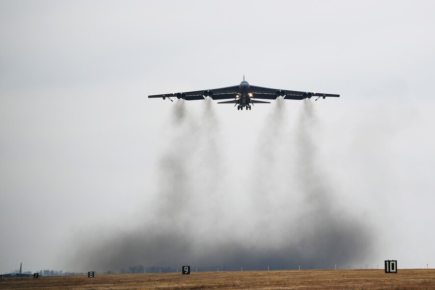 A B-52H Stratofortress takes off during Global Thunder 19 at Minot Air Force Base, N.D., Nov. 4, 2018. Global Thunder provides training opportunities that assess all U.S. Strategic Command (USSTRATCOM) mission areas and joint and field training operational readiness, with a specific focus on nuclear readiness. The training is based on a notional scenario developed to drive execution of USSTRATCOM and component forces'; ability to support the geographic combatant commands, deter adversaries and, if necessary, employ forces as directed by the President of the United States. (U.S. Air Force photo by Tech. Sgt. Jarad A. Denton)