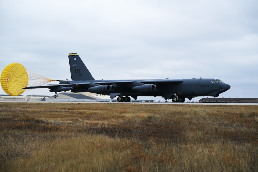 A B-52H Stratofortress taxis down the flightline during Global Thunder 19 at Minot Air Force Base, N.D., Nov. 4, 2018. Global Thunder is a globally integrated exercise that provides training opportunities that assess all U.S. Strategic Command (USSTRATCOM) mission areas and joint and field training operational readiness, with a specific focus on nuclear readiness. USSTRATCOM has global responsibilities assigned through the Unified Command Plan that includes strategic deterrence, nuclear operations, space operations, joint electromagnetic spectrum operations, global strike, missile defense, and analysis and targeting. (U.S. Air Force photo by Tech. Sgt. Jarad Denton)