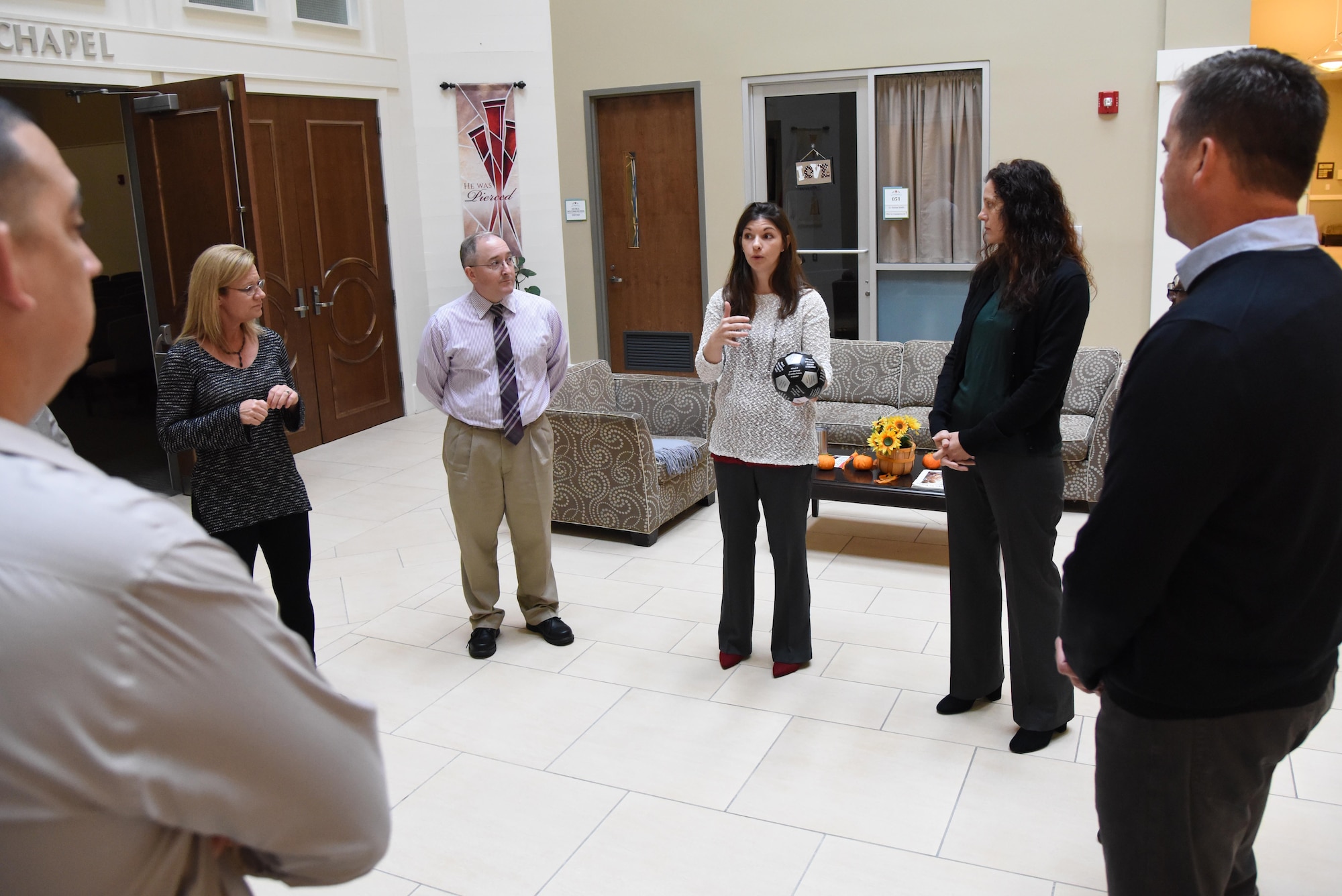 U.S. Air Force Maj. Amber Ortiz, 81st Force Support Squadron commander, participates in a "getting to know you" icebreaker during the 81st Training Wing Fall 2018 Off-Site Commander's Conference at The Salvation Army Kroc Center in Biloxi, Mississippi, Nov. 6, 2018. Keesler leadership participated in the two-day event that allowed senior leaders to step away from their day-to-day activities and focus on improving themselves as leaders. (U.S. Air Force photo by Kemberly Groue)