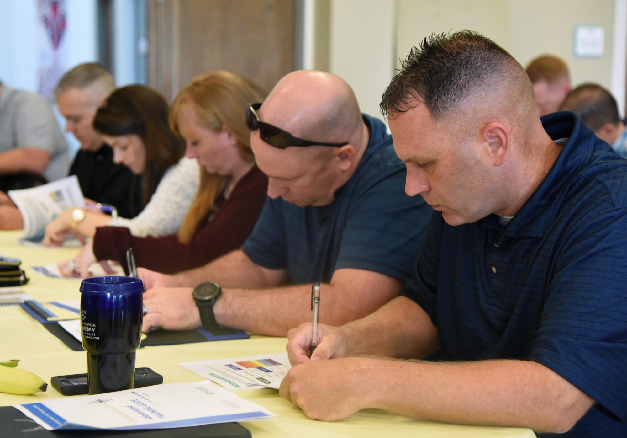U.S. Air Force Chief Master Sgt. Anthony Fisher, 81st Training Group superintendent, participates in a leadership behavior assessment project during the 81st Training Wing Fall 2018 Off-Site Commander's Conference at The Salvation Army Kroc Center in Biloxi, Mississippi, Nov. 6, 2018. Keesler leadership participated in the two-day event that allowed senior leaders to step away from their day-to-day activities and focus on improving themselves as leaders. (U.S. Air Force photo by Kemberly Groue)