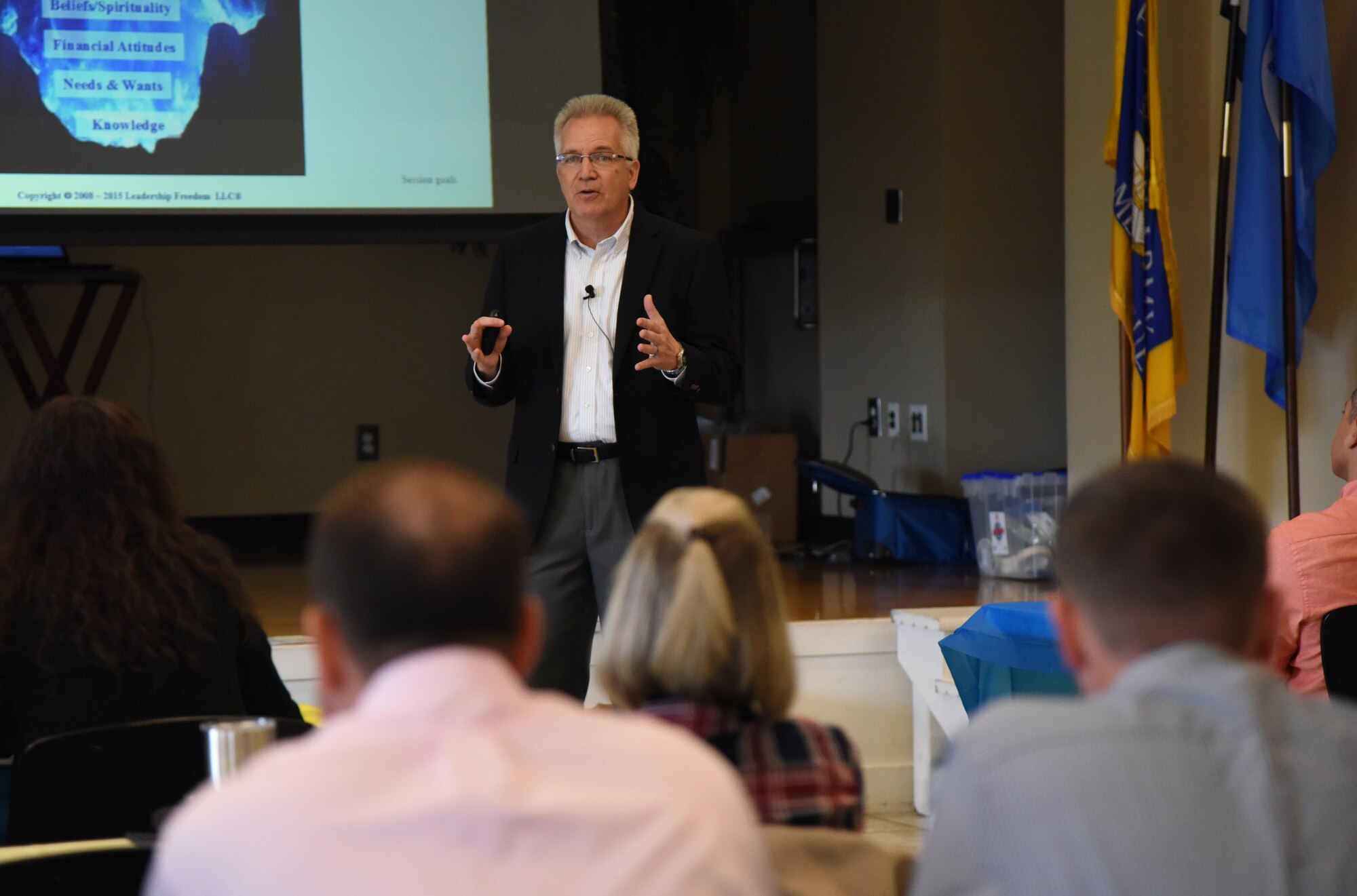 Kevin Adelsen, Profession of Arms Center of Excellence operations division program analyst, Joint Base San Antonio-Randolph, Texas, delivers a briefing during the 81st Training Wing Fall 2018 Off-Site Commander's Conference at The Salvation Army Kroc Center in Biloxi, Mississippi, Nov. 6, 2018. Keesler leadership participated in the two-day event that allowed senior leaders to step away from their day-to-day activities and focus on improving themselves as leaders. (U.S. Air Force photo by Kemberly Groue)