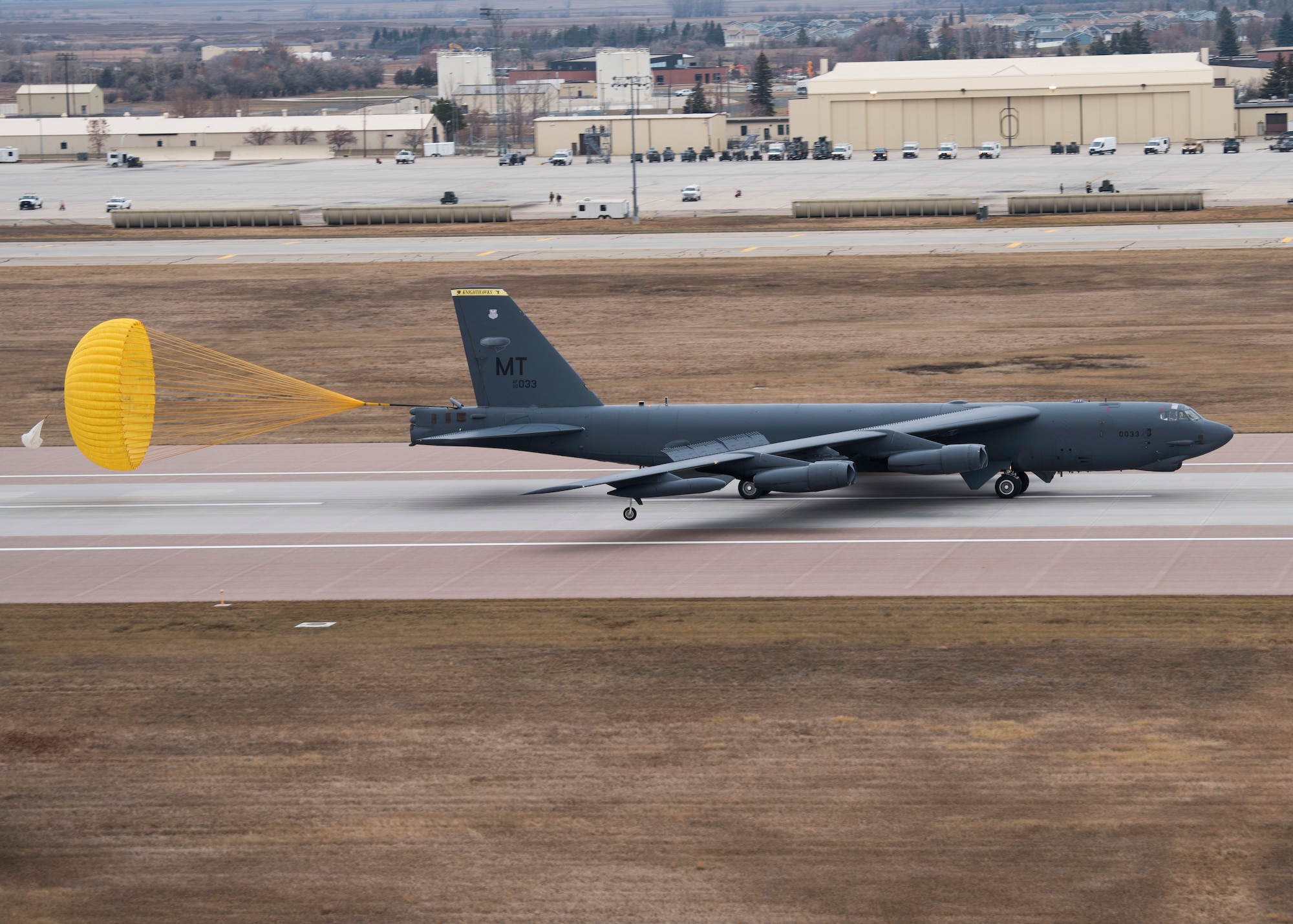 A B-52H Stratofortress taxis down the flightline during Global Thunder 19 at Minot Air Force Base, N.D., Nov. 4, 2018. Global Thunder is a globally integrated exercise that provides training opportunities that assess all U.S. Strategic Command (USSTRATCOM) mission areas and joint and field training operational readiness, with a specific focus on nuclear readiness. USSTRATCOM has global responsibilities assigned through the Unified Command Plan that includes strategic deterrence, nuclear operations, space operations, joint electromagnetic spectrum operations, global strike, missile defense, and analysis and targeting. (U.S. Air Force photo by Senior Airman Alyssa M. Akers)
