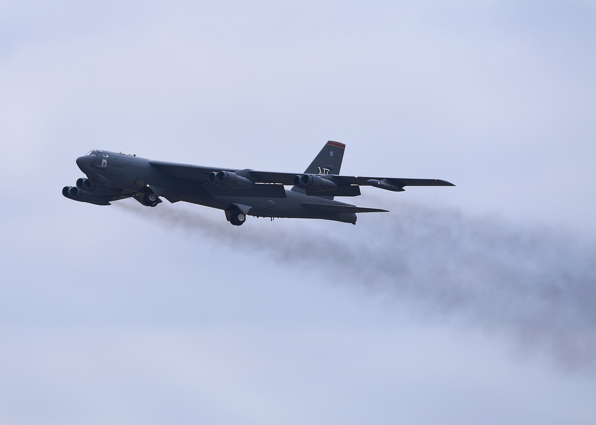 A B-52H Stratofortress takes off during Global Thunder 19 at Minot Air Force Base, N.D., Nov. 4, 2018. Global Thunder is a U.S. Strategic Command (USSTRATCOM) exercise designed to provide training opportunities to test and validate command, control and operational procedures. The training is based on a notional scenario developed to drive execution of USSTRATCOM and component forces&#39; ability to support the geographic combatant commands, deter adversaries and, if necessary, employ forces as directed by the President of the United States. (U.S. Air Force Photo by Airman 1st Class Dillon J. Audit)