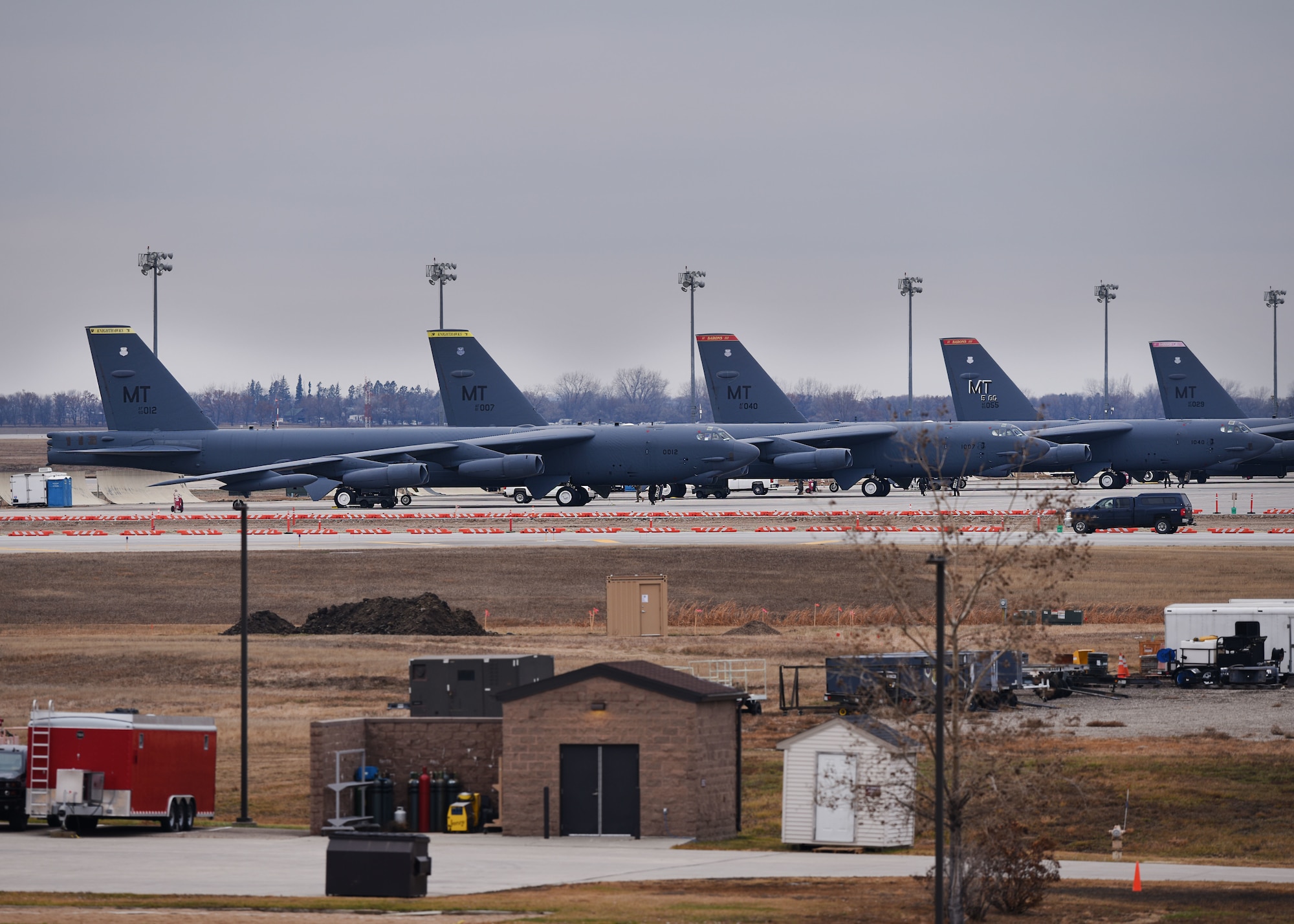 B-52H Stratofortress crew members prepare to take off during Global Thunder 19 at Minot Air Force Base, N.D., Nov. 4, 2018. Global Thunder provides training opportunities that assess all U.S. Strategic Command (USSTRATCOM) mission areas and joint and field training operational readiness, with a specific focus on nuclear readiness. The training is based on a notional scenario developed to drive execution of USSTRATCOM and component forces'; ability to support the geographic combatant commands, deter adversaries and, if necessary, employ forces as directed by the President of the United States. (U.S. Air Force Photo by Airman 1st Class Dillon J. Audit)