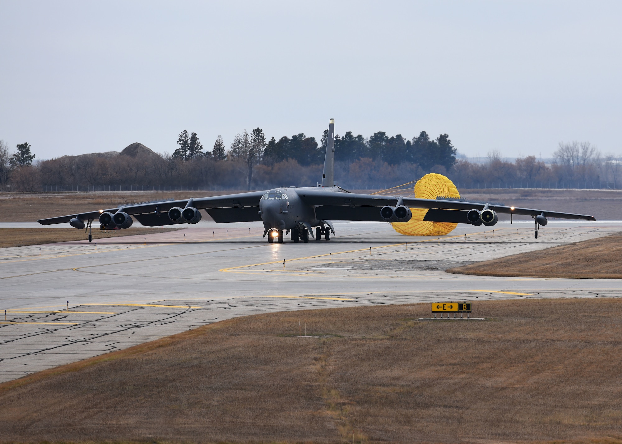 A B-52H Stratofortress lands during Global Thunder 19 at Minot Air Force Base, N.D., Nov. 4, 2018. Global Thunder is a globally integrated exercise that provides training opportunities that assess all U.S. Strategic Command (USSTRATCOM) mission areas and joint and field training operational readiness, with a specific focus on nuclear readiness. USSTRATCOM has global responsibilities assigned through the Unified Command Plan that includes strategic deterrence, nuclear operations, space operations, joint electromagnetic spectrum operations, global strike, missile defense, and analysis and targeting. (U.S. Air Force Photo by Airman 1st Class Dillon J. Audit)