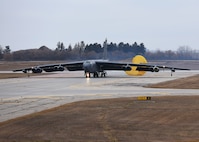 A B-52H Stratofortress lands during Global Thunder 19 at Minot Air Force Base, N.D., Nov. 4, 2018. Global Thunder is a globally integrated exercise that provides training opportunities that assess all U.S. Strategic Command (USSTRATCOM) mission areas and joint and field training operational readiness, with a specific focus on nuclear readiness. USSTRATCOM has global responsibilities assigned through the Unified Command Plan that includes strategic deterrence, nuclear operations, space operations, joint electromagnetic spectrum operations, global strike, missile defense, and analysis and targeting. (U.S. Air Force Photo by Airman 1st Class Dillon J. Audit)