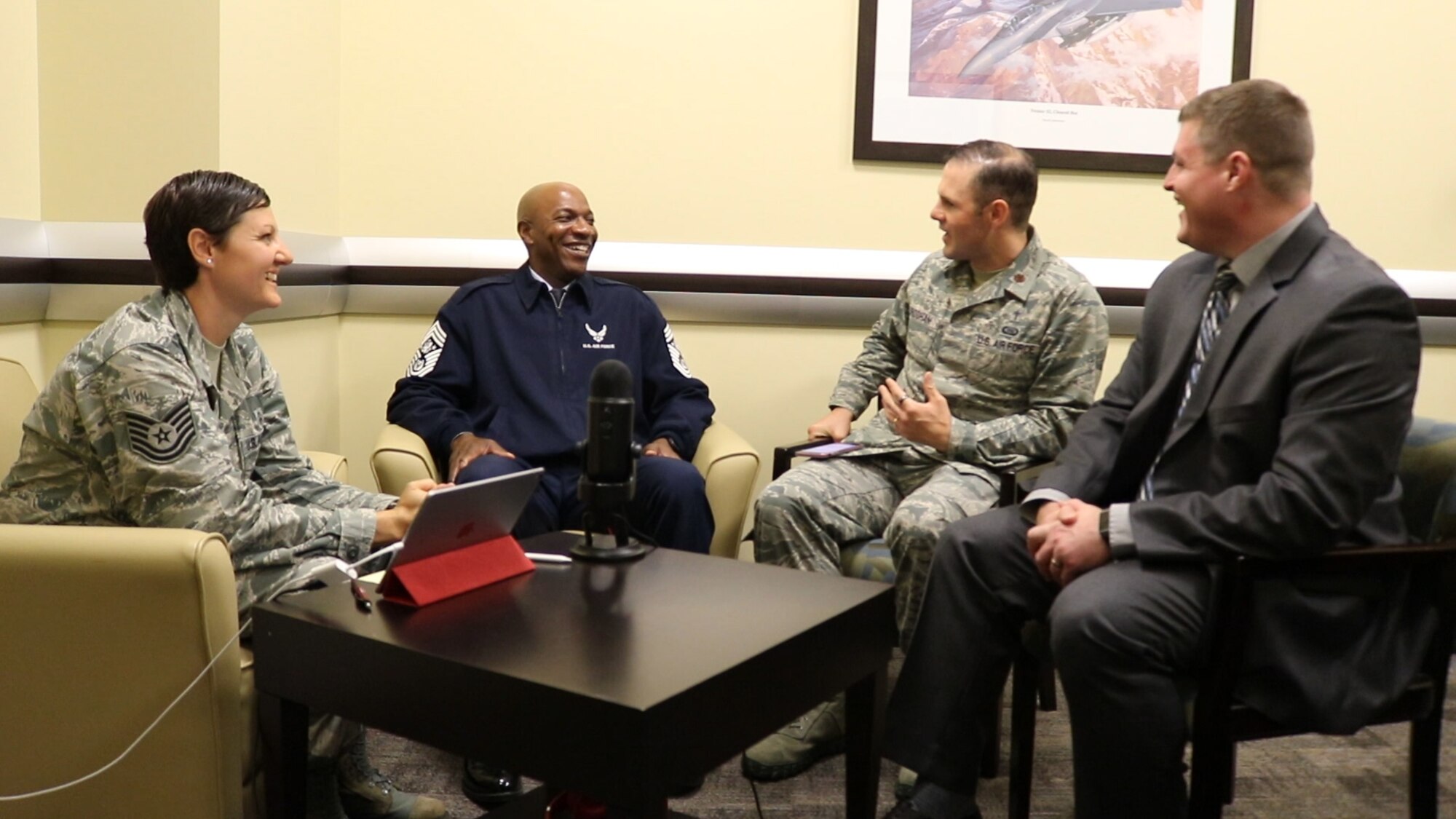 Tech. Sgt. Johanna Ackerberg, mental health technician, Chaplain (Maj.) Jim Bridgham, wing chaplain, and Jerry Walker III, Ph.D., Human Factors program manager, 363rd Intelligence, Surveillance and Reconnaissance Wing, Twenty-Fifth Air Force, interview Chief Master Sergeant of the Air Force Kaleth O. Wright, center, for The Pillars podcast.