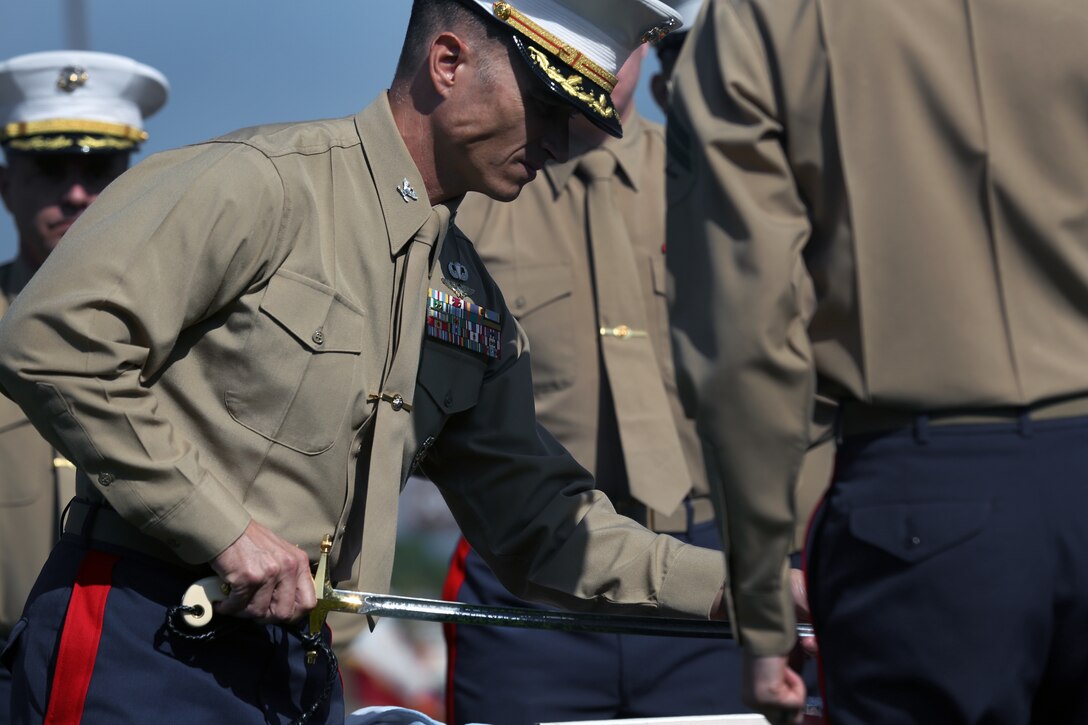 Col. Charles B. Dockery, commanding officer of Marine Corps Air Station Miramar, cuts the Marine Corps birthday cake at MCAS Miramar, Calif., Nov. 7. Marines with 3rd Marine Aircraft wing and MCAS Miramar celebrated the 243rd Marine Corps birthday with a cake cutting ceremony. (U.S. Marine Corps photo by Sgt. Jake McClung)