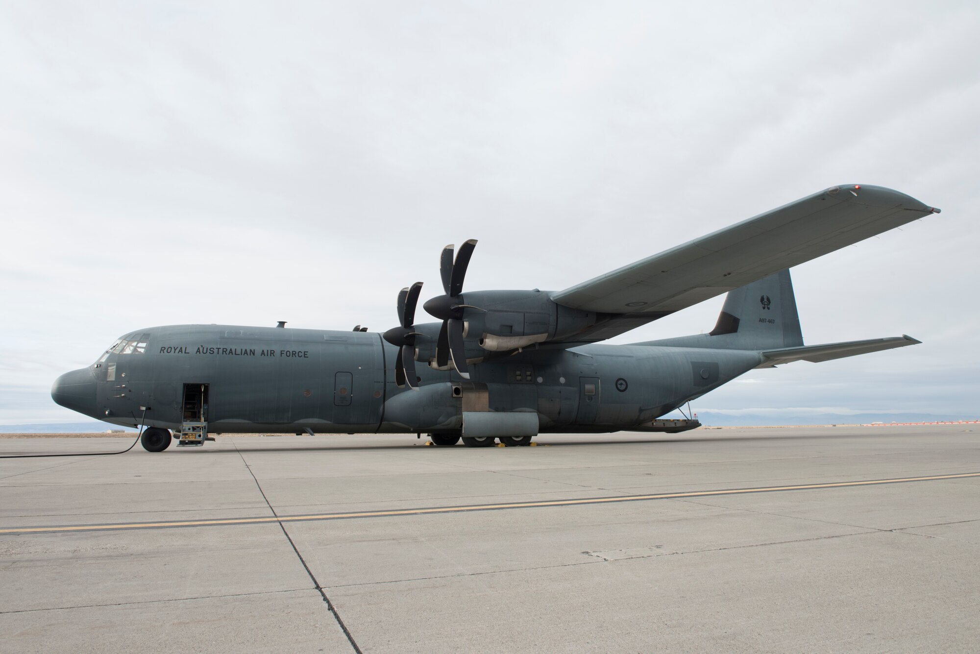 Image of a Royal Australian Air Force C-130J Super Hercules sits on the flight line at Mountain Home Air Force Base, Idaho, Nov. 1, 2018. Members of the RAAF used the C-130J Super Hercules to operate joint-precision aero-delivery systems, which are a fairly new capability for the RAAF. (U.S. Air Force photo by Senior Airman Alaysia Berry)