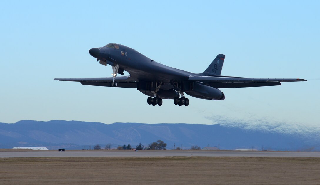A B-1 assigned to the 37th Bomb Squadron takes off from Ellsworth Air Force Base, S.D., Oct. 24, 2018. Five B-1s and more than 100 Airmen from the 37th BS departed to participate in Green Flag, an air-to-surface training exercise in various parts of Nevada and California.