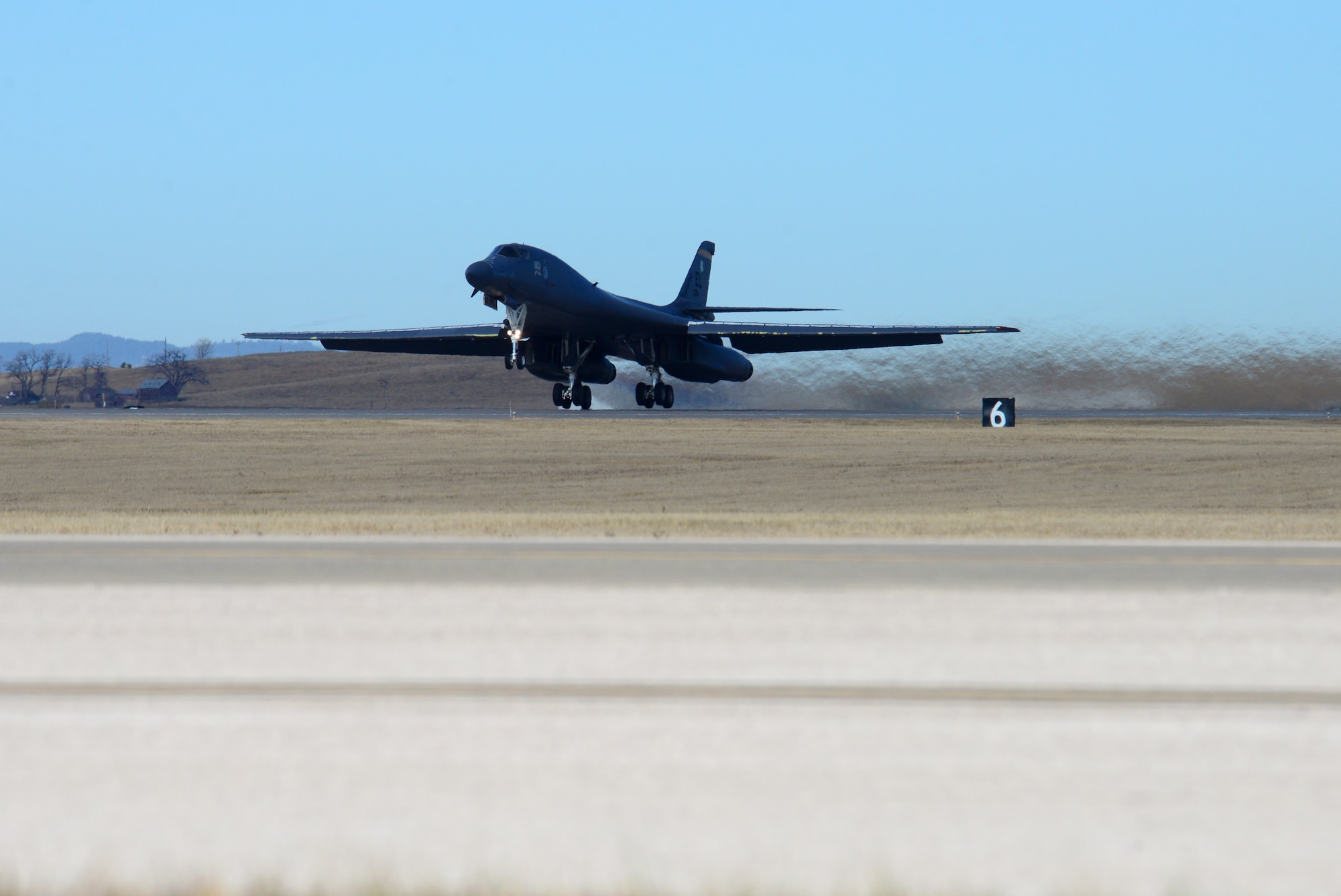 A B-1 assigned to the 37th Bomb Squadron takes off from Ellsworth Air Force Base, S.D., Oct. 24, 2018. Five B-1s and more than 100 Airmen from the 37th BS departed to participate in Green Flag, an air-to-surface training exercise in various parts of Nevada and California.