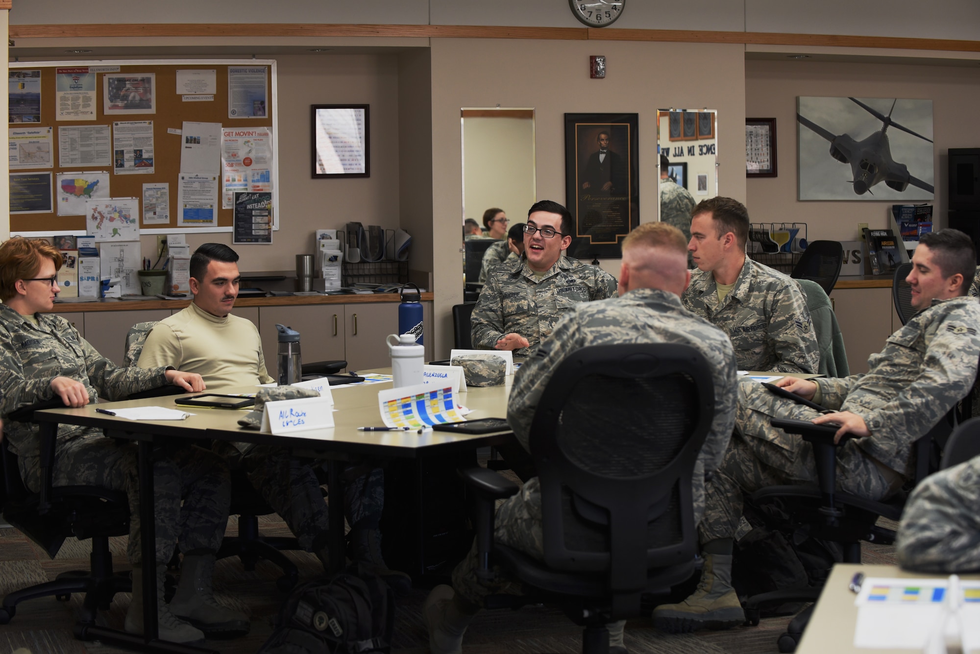 Airmen participate in a group exercise during the First Term Airmen Course at the Rushmore Center on Ellsworth Air Force Base, S.D., Oct. 22, 2018. . The FTAC course is a mandatory, weeklong program that is packed with professional development guidance, life-skills briefings and visits from base agencies to aid new Airmen with getting their careers started. (U.S. Air Force photo by Airman 1st Class Christina Bennett)