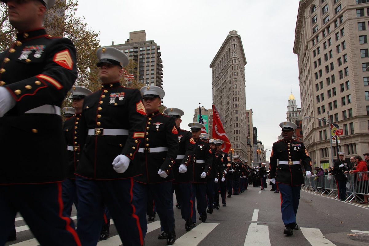 Marines march in formation in New York City.