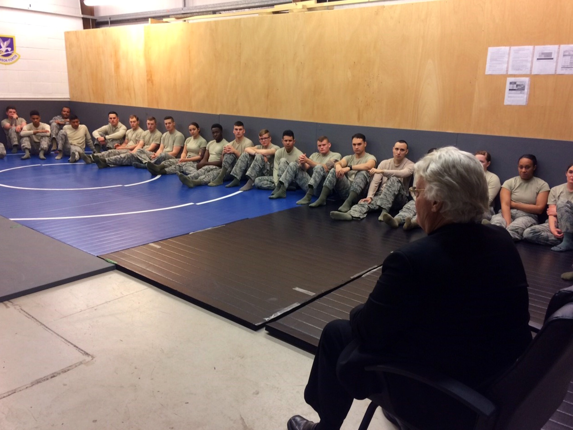 Dave Roever, Vietnam War veteran and Purple Heart recipient, visits with 100th Security Forces Squadron Airmen during a visit at RAF Mildenhall, England, Nov. 6, 2018. Roever has taken his message of integrated resiliency and suicide prevention to troops around the globe. (Courtesy photo/Lisa Velez)