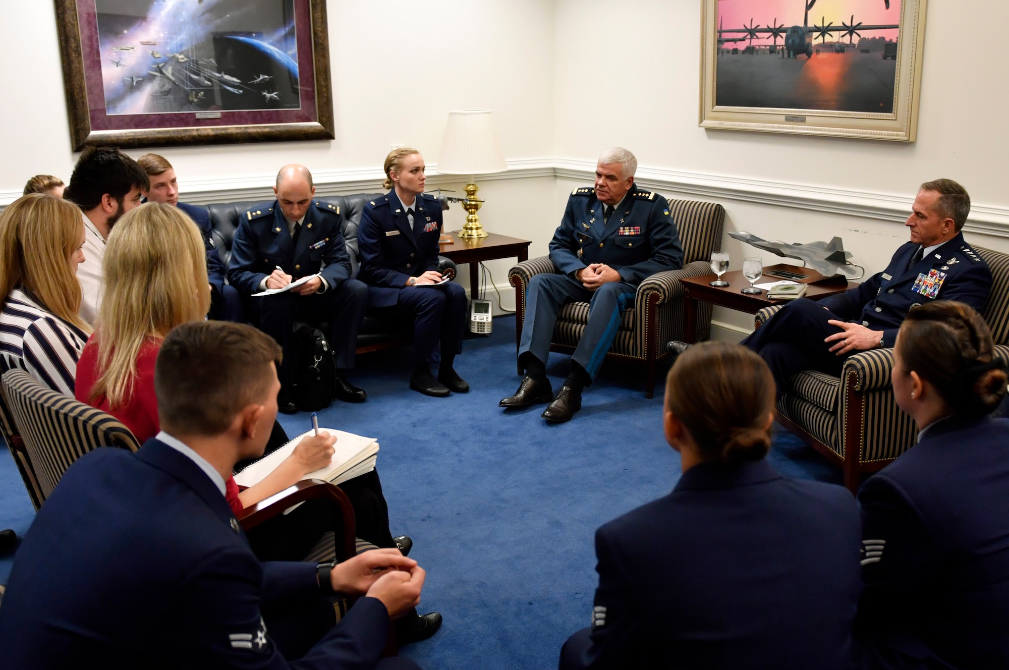 Air Force Chief of Staff Gen. David L. Goldfein and General-Colonel Sergii Drozdov, Commander of the Ukrainian air force, talk to members of the press during a press conference at the Pentagon, Arlington, Va.,  Nov. 8, 2018.  (U.S. Air Force photo by Wayne Clark)