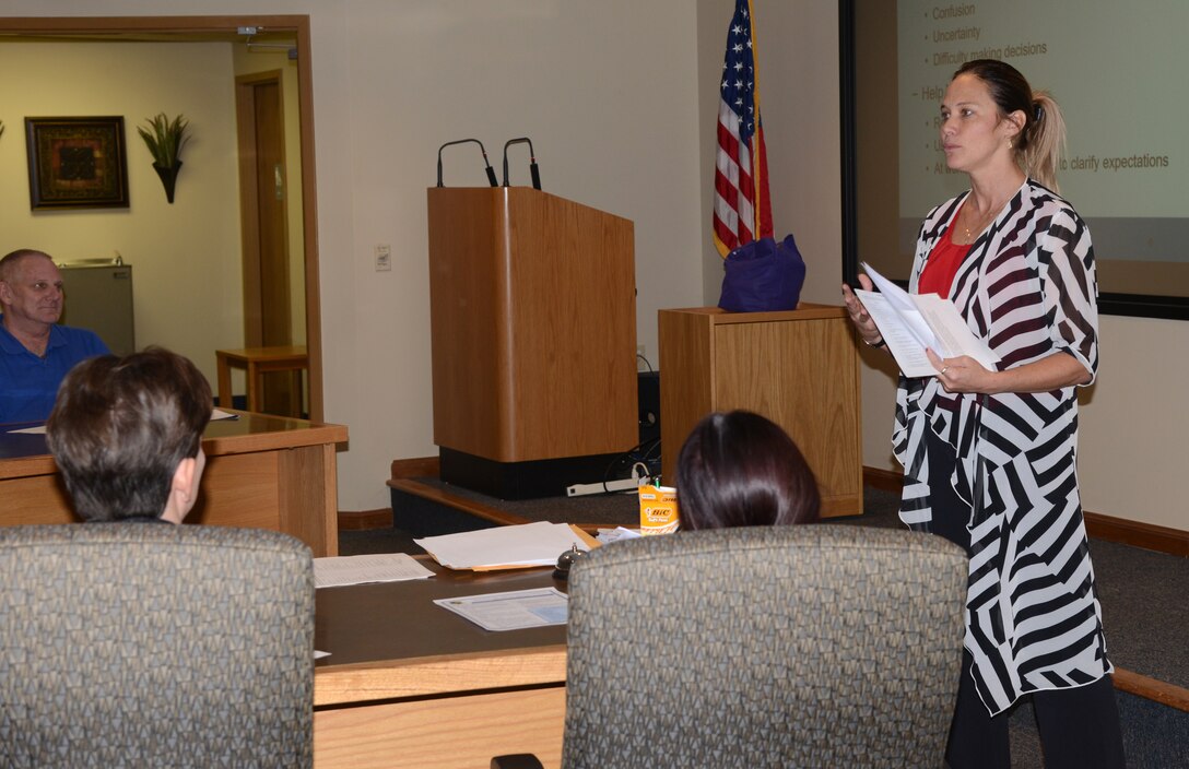 Stephanie Lewis, Employee Assistance Program counselor, presented “Contending with Change” during the 72nd Air Base Wing Civilian Mentoring Council event Oct. 26 at the Gen. James E. Hill Conference Center.
