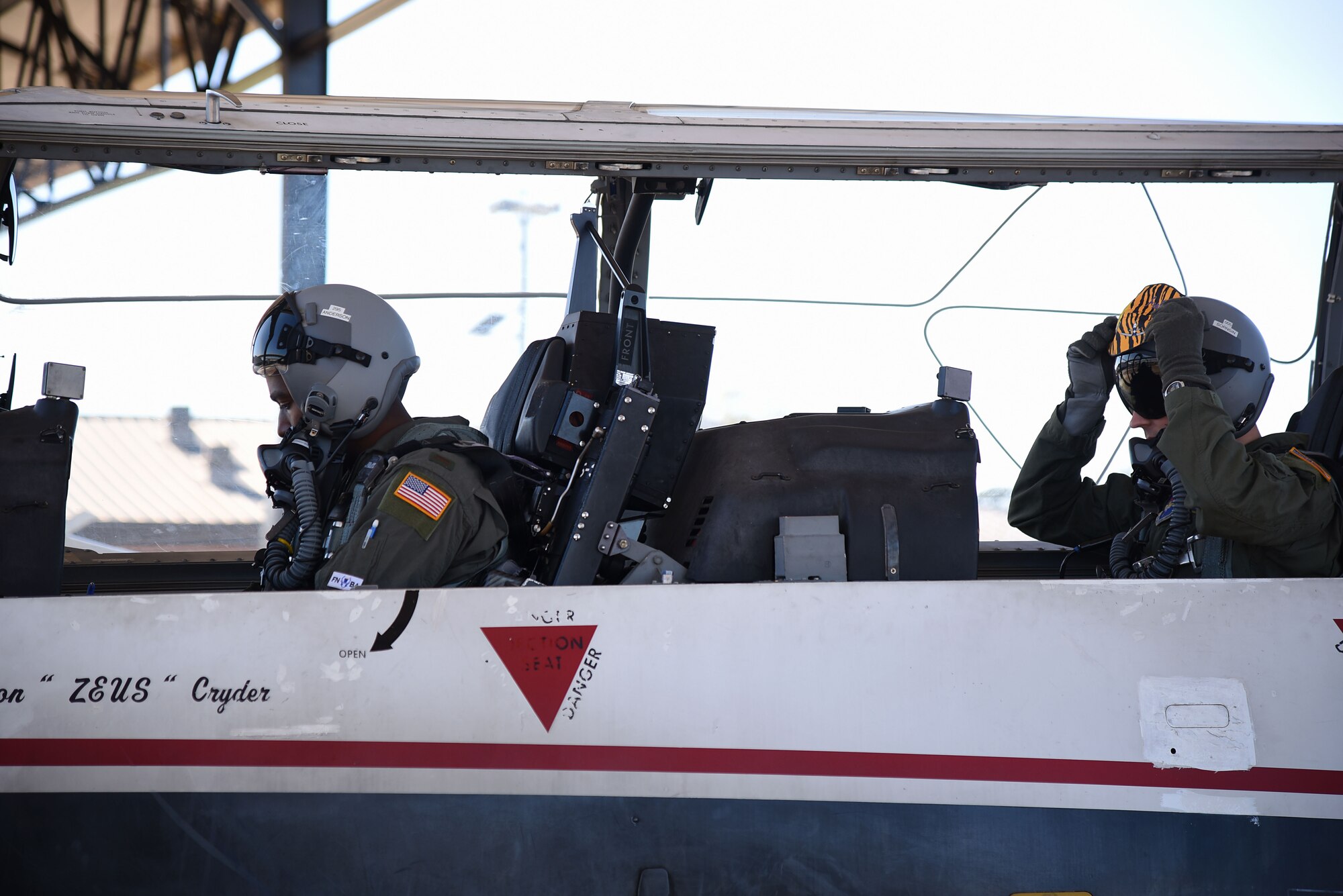 Second Lt. Austin Anderson, 41st Flying Training Squadron student pilot, and Capt. Joseph Sornsin, 41st FTS instructor pilot, prepare for a flight Nov. 6, 2018, on Columbus Air Force Base, Mississippi. The new syllabus in the 41st and 37th Flying Training Squadron’s on Columbus AFB is focused on building pilots who understand aviation and can adapt to their next airframe efficiently. (U.S. Air Force photo by Airman 1st Class Keith Holcomb)