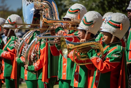 The Sam Houston High school Marching Band performs during the 3rd annual Veterans Day Celebration at Brooke Army Medical Center Nov. 2. The event featuring patriotic music, performances by local high school students, a health fair and lunch.