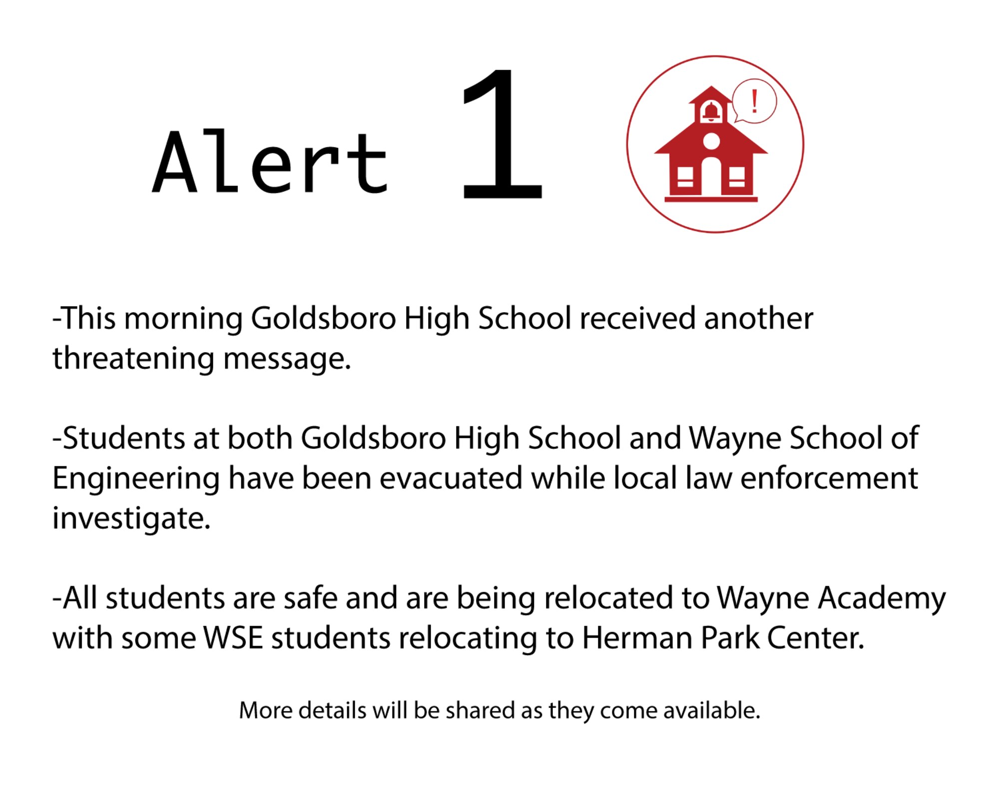 All students are safe and are being relocated to Wayne Academy with some WSE students relocating to Herman Park Center. More details will be shared as they come available.