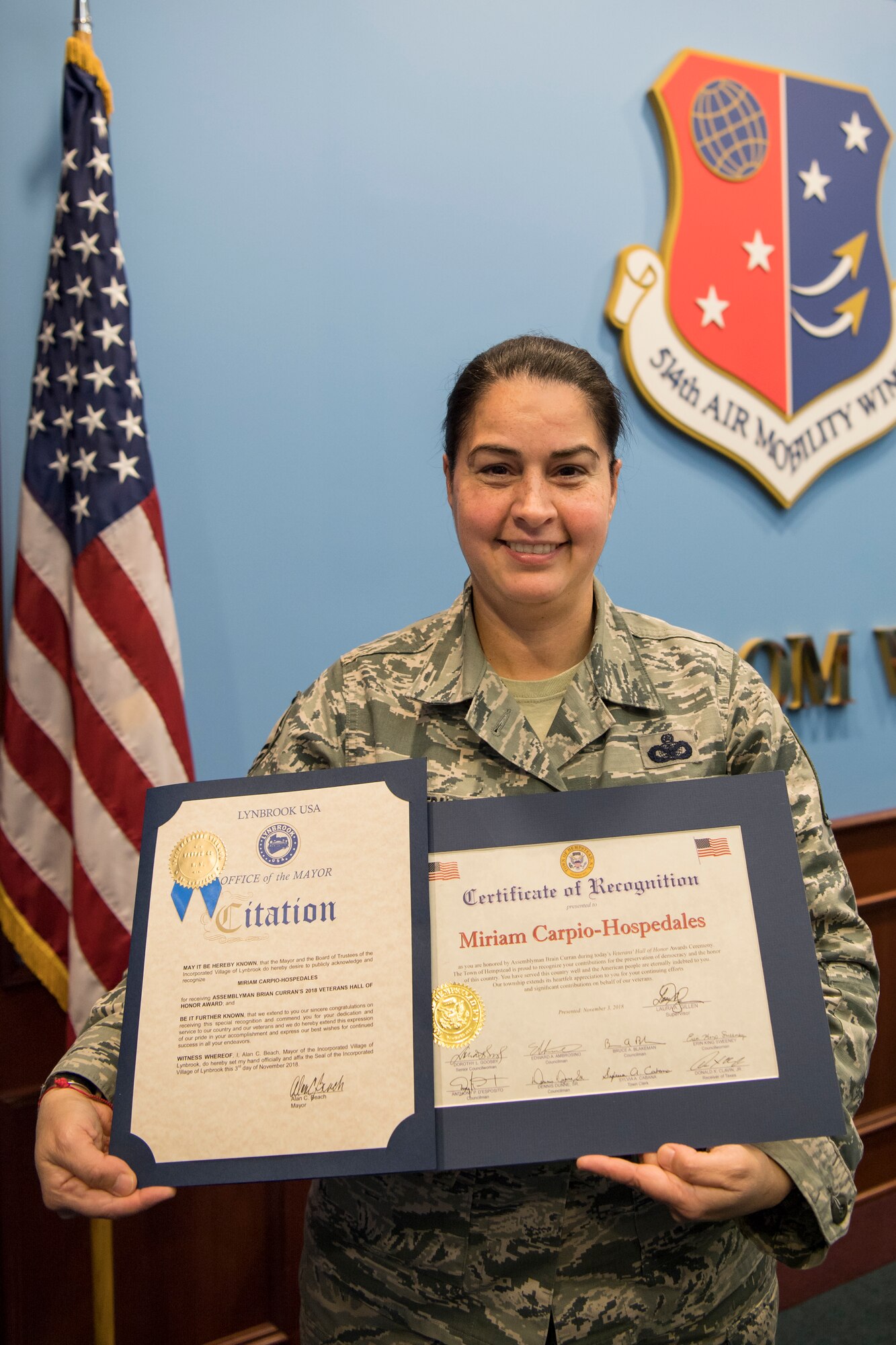 Master Sgt. Miriam Carpio-Hospedales, 514th Security Forces Squadron, was inducted to into the New York Veteran's Hall of Honor during a ceremony at the Lynbrook, N.Y., Knights of Columbus November 3, for her dedication and service to the country.