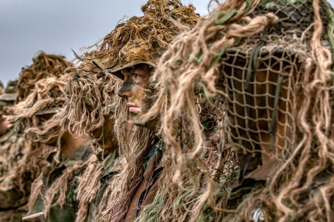 Soldiers stand at attention.