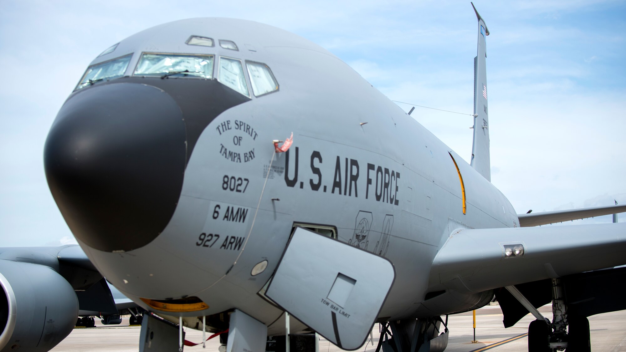 A KC-135 Stratotanker aircraft sits on the flightline at MacDill Air Force Base, Fla., Nov. 1, 2018.