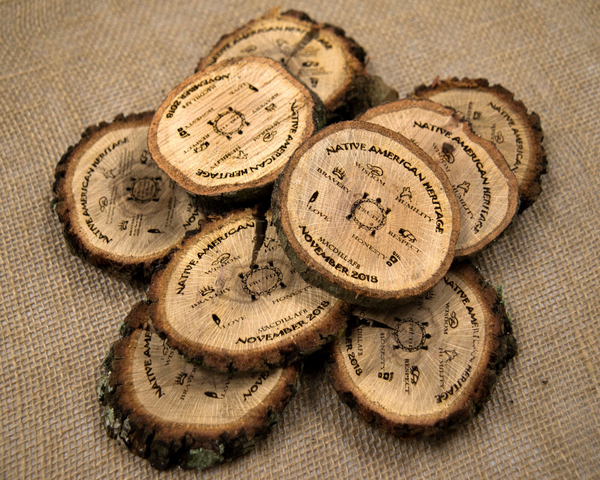 Decorative coasters sit on a table during a Native American Heritage Month celebration at MacDill Air Force Base, Fla., Nov. 8, 2018.