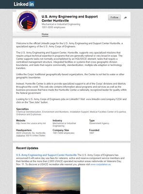A look at Huntsville Center’s LinkedIn profile page. Huntsville Center’s page and accompanying news feed let potential stakeholders and employees learn about Huntsville Center’ missions, keep up with the Center’s updates, and even learn about the varied skills of its current employees.