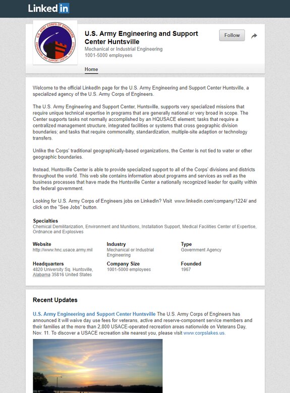 A look at Huntsville Center’s LinkedIn profile page. Huntsville Center’s page and accompanying news feed let potential stakeholders and employees learn about Huntsville Center’ missions, keep up with the Center’s updates, and even learn about the varied skills of its current employees.