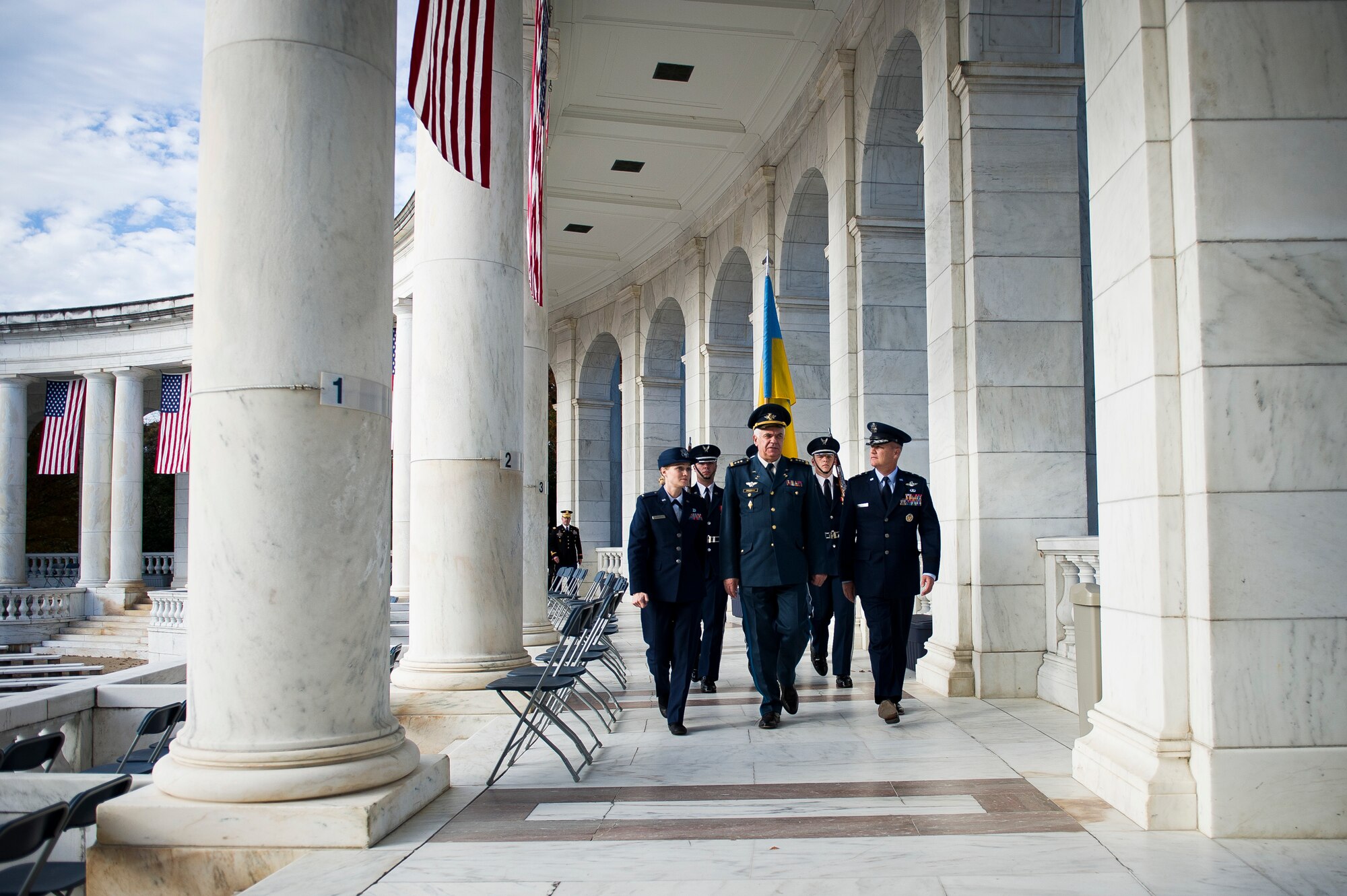 The Ukrainian Air Force commander and the Air Force District of Washington commander participate in a wreath-laying ceremony at Arlington National Cemetery, Arlington, Va.