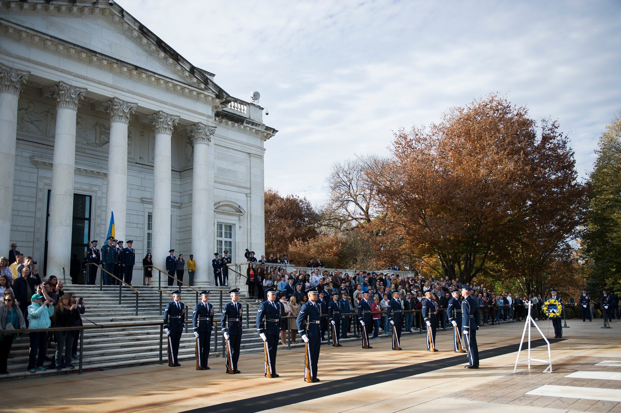 The Ukrainian Air Force commander and the Air Force District of Washington commander participate in a wreath-laying ceremony at Arlington National Cemetery, Arlington, Va.