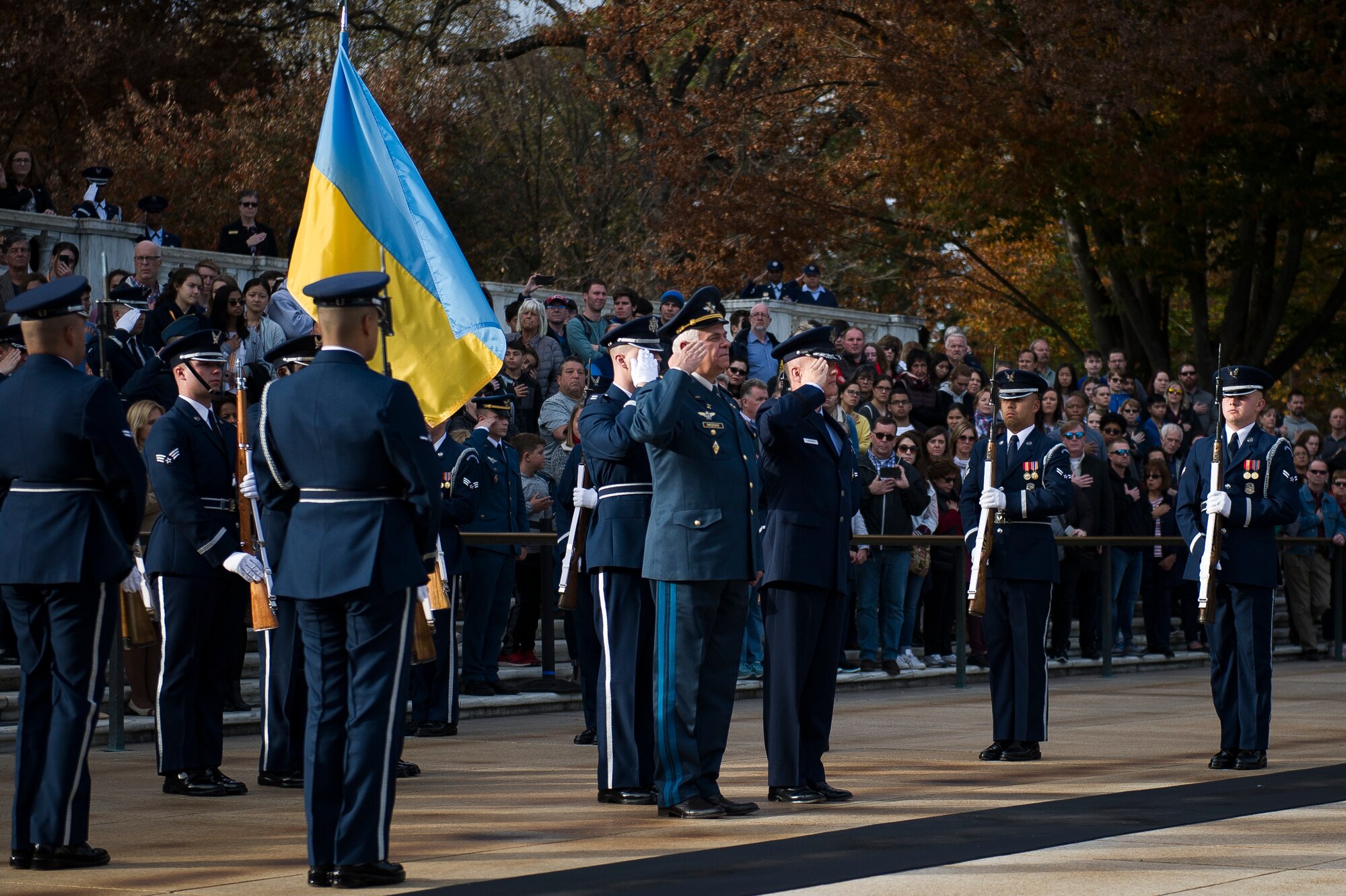 The Ukrainian Air Force commander and the Air Force District of Washington commander participate in a wreath-laying ceremony at Arlington National Cemetery, Arlington, Va.